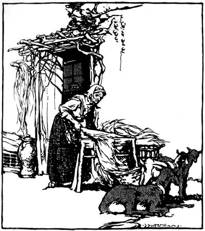 SHE SPINS HER HEMP AND WEAVES OSIERS INTO BASKETS AND CHANGES THEM FOR GOATS